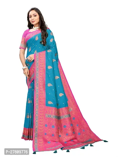 Beautiful Teal Jaqcard  Woven Design Saree With Blouse Piece For Women-thumb3