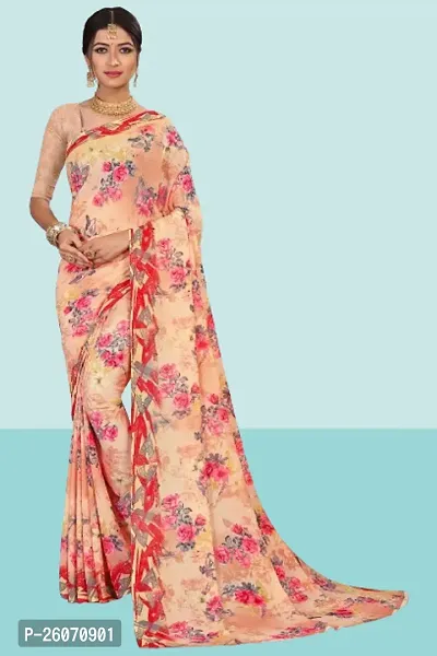 Elegant Peach Georgette Printed Saree with Blouse piece