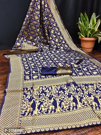 Beautiful Navy Blue Jaqcard  Woven Design Saree With Blouse Piece For Women