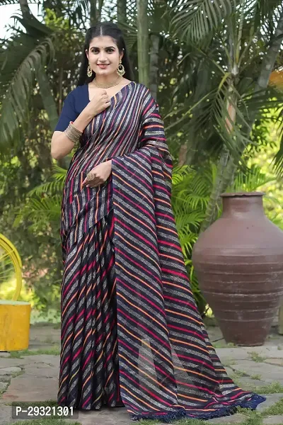 Stylish Navy Blue Kota Doria Saree With Blouse Piece For Women