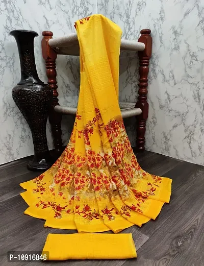 Stylish Georgette Yellow Printed Women Saree with Blouse piece