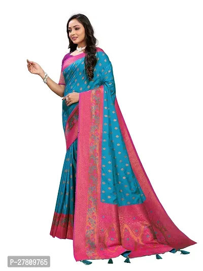 Beautiful Teal Jaqcard  Woven Design Saree With Blouse Piece For Women-thumb3