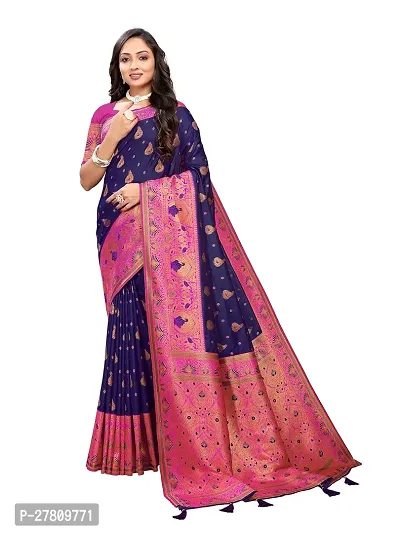 Beautiful Navy Blue Jaqcard  Woven Design Saree With Blouse Piece For Women-thumb0