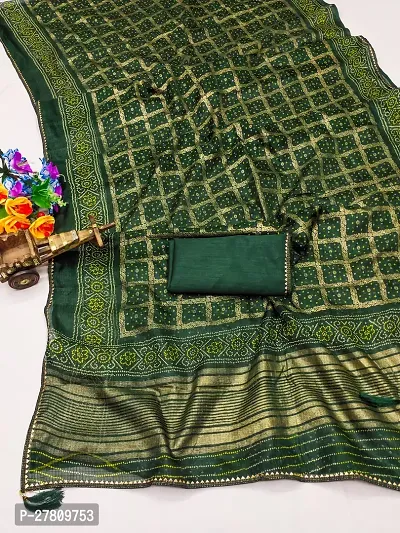 Beautiful Green Net Printed Saree With Blouse Piece For Women