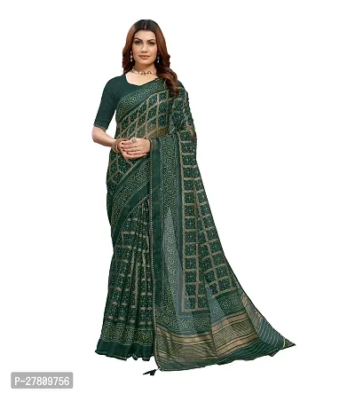 Beautiful Green Net Printed Saree With Blouse Piece For Women