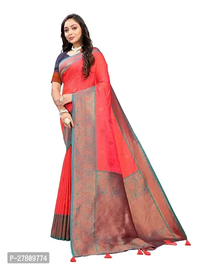Beautiful Peach Jaqcard  Woven Design Saree With Blouse Piece For Women-thumb3