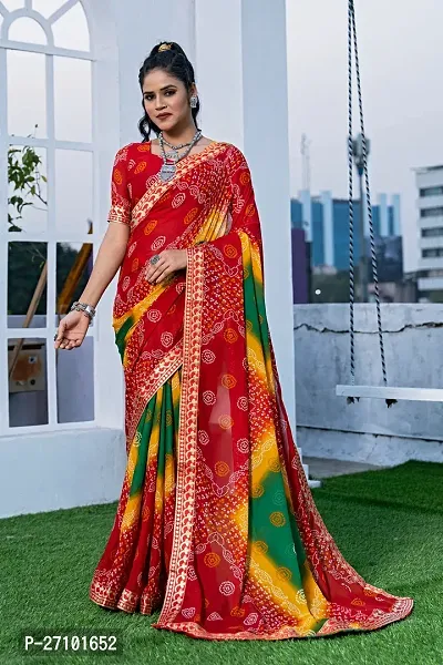 Stylish Red Georgette Printed Saree with Blouse piece