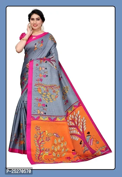 Elegant Grey Art Silk Printed Saree with Blouse piece