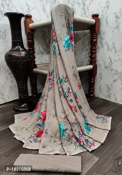 Stylish Georgette Beige Printed Women Saree with Blouse piece