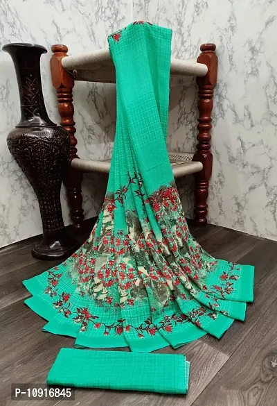 Stylish Georgette Teal Printed Women Saree with Blouse piece