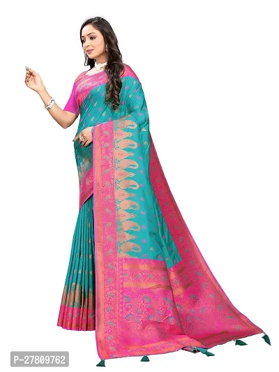 Beautiful Teal Jaqcard  Woven Design Saree With Blouse Piece For Women-thumb3