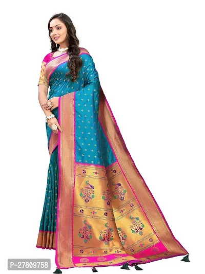 Beautiful Teal Jaqcard  Woven Design Saree With Blouse Piece For Women-thumb3