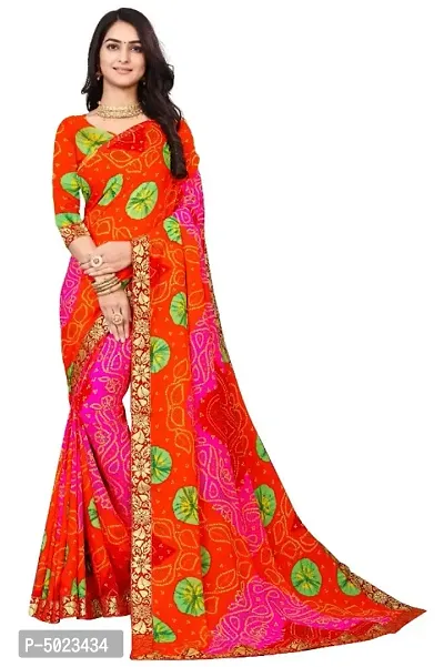 Attractive Georgette Printed Bandhani Lace Border Saree with Blouse piece