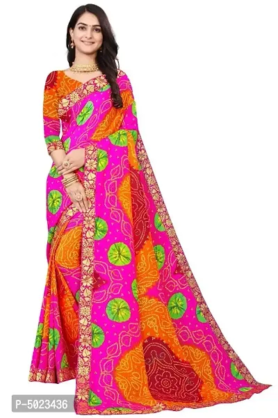 Attractive Georgette Printed Bandhani Lace Border Saree with Blouse piece