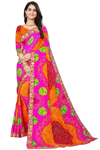 Attractive Georgette Printed Bandhani Lace Border Sarees with Blouse Piece