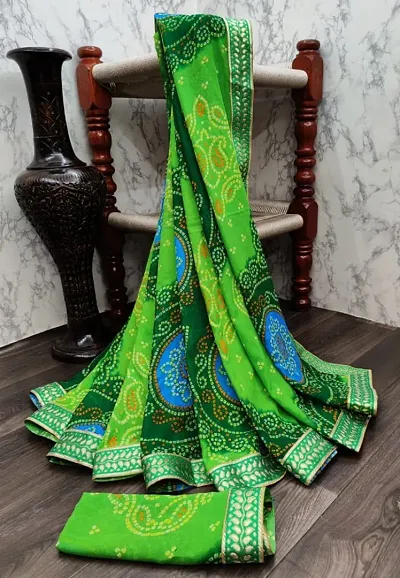 Attractive Georgette Printed Bandhani Lace Border Sarees with Blouse Piece
