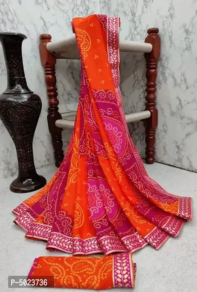 Attractive Georgette Printed Bandhani Lace Border Saree with Blouse piece