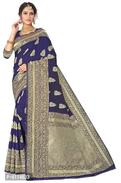 Fabulous Navy Blue Banarasi Silk Woven Printed Saree with Blouse piece For Women-thumb0