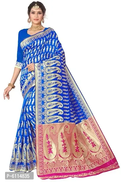 Fabulous Royal Blue Banarasi Silk Woven Printed Saree with Blouse piece For Women