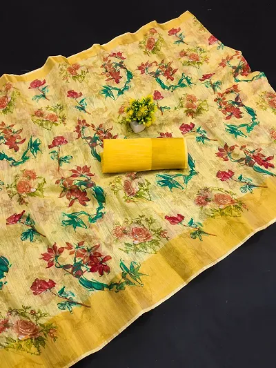 Floral Printed Linen Sarees  With Blouse Piece