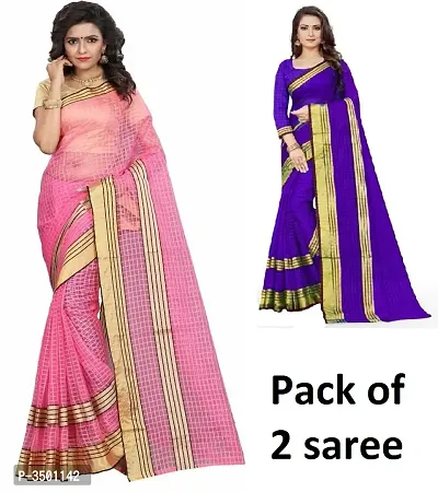 Trendy Multicoloured Woven Design Cotton Blend Saree with Blouse Piece Set Of 2-thumb0