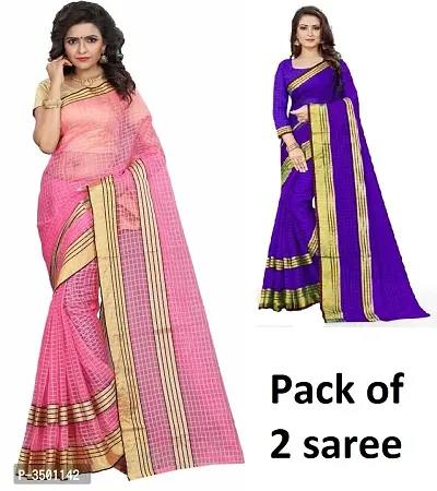 Trendy Multicoloured Woven Design Cotton Blend Saree with Blouse Piece Set Of 2-thumb2