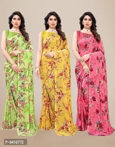 Classic Georgette Printed Saree with Blouse Piece, Pack of 3