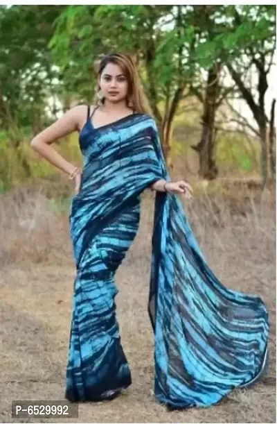 Stylish Georgette Turquoise Printed Saree With Blouse Piece For  Women