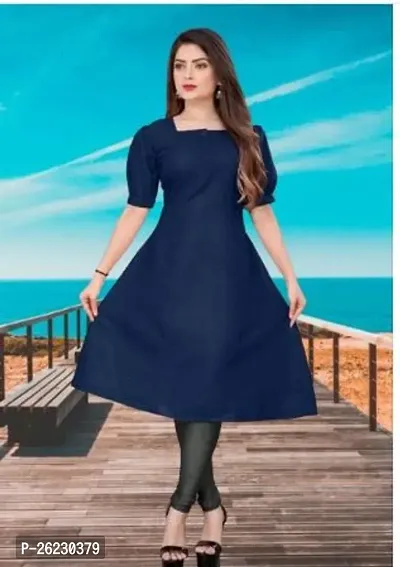Stylish Navy Blue Solid Cotton Blend Straight Kurta For Women