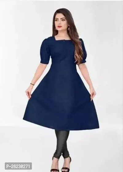 Stylish Navy Blue Solid Cotton Blend Straight Kurta For Women-thumb0