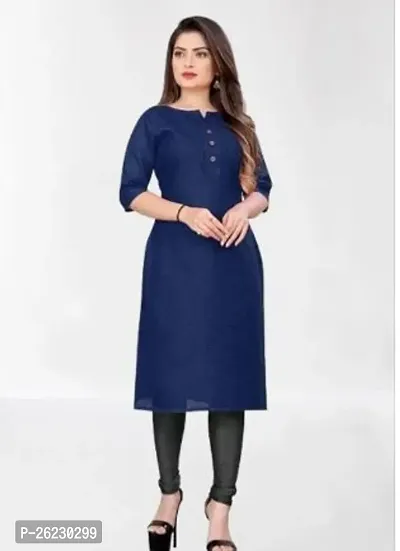 Stylish Navy Blue Solid Cotton Silk Straight Kurta For Women-thumb0