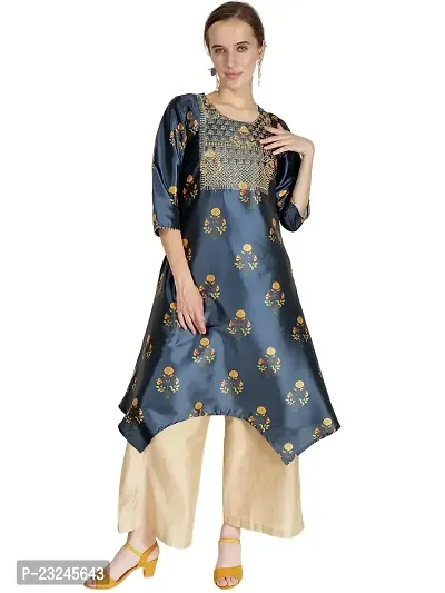 XITI Rayon Turquoise Printed Round Neck Straight Embellished Casual and Comfortable Ethnicwear Kurti  Kurta-thumb0