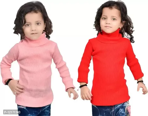 Solid Turtle Neck Casual Baby Boys  Baby Girls Wool Blend Red, Pink Sweater PACK OF 2