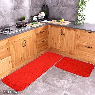 YAMUNGA Polyester Anti Skid Backing Kitchen Mats (Red, 40 x 120, 40 x 60 cm) -Set of 2