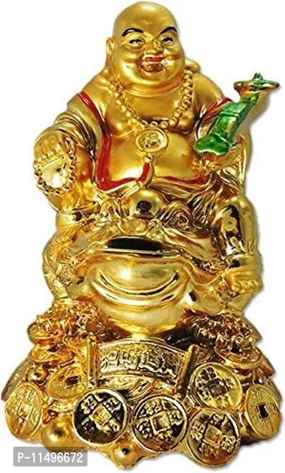 Feng Shui Laughing Buddha with Money Frog On Bed of Wealth for Money Success and Happiness (Gold, Standard)-thumb0