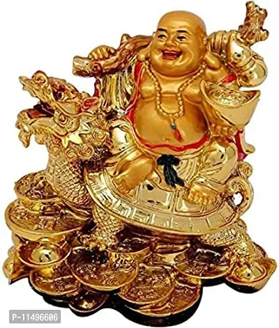 Polyresin Feng Shui Laughing Buddha with Dragon Tortoise on Bed of Wealth Decorative Showpiece, 10 cm-thumb0