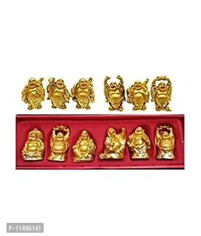 Feng Shui Golden Laughing Buddha Figurine Set for Good Luck Set of 6 (Gold_5 cm) Polyresin