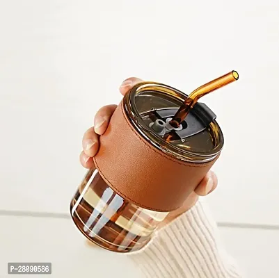 Glass Reusable Sipper Bottle with Leather Sleeve Glass Coffee Mug with Silicone Straw and Leakproof Lid Tumbler for Coffee,Tea, Milk Beverages 400ml-thumb0