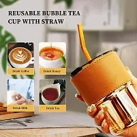 Glass Reusable Sipper Bottle with Leather Sleeve Glass Coffee Mug with Silicone Straw and Leakproof Lid Tumbler for Coffee,Tea, Milk Beverages 400ml-thumb1