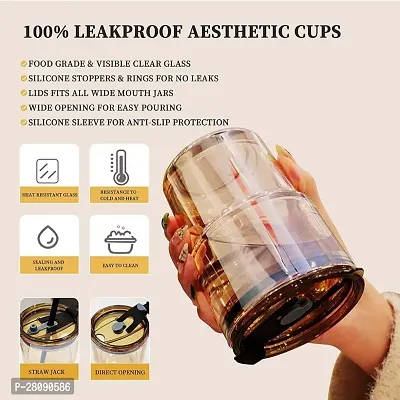Glass Reusable Sipper Bottle with Leather Sleeve Glass Coffee Mug with Silicone Straw and Leakproof Lid Tumbler for Coffee,Tea, Milk Beverages 400ml-thumb3