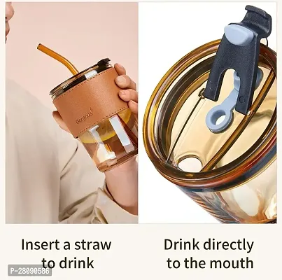 Glass Reusable Sipper Bottle with Leather Sleeve Glass Coffee Mug with Silicone Straw and Leakproof Lid Tumbler for Coffee,Tea, Milk Beverages 400ml-thumb5