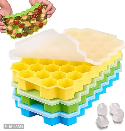 MoldBerry Silicone Ice Cube Mould Premium Ice Cube Moulds Maker Honey Comb 37 Cavity Silicon Ice Tray for Freezer Ice Cube Trays with Lid Pack of 3 (Multi Color)-thumb0