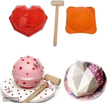 MoldBerry 3D Diamond Heart  Dome Pinata Mould with Hammer Silicon Geometrical Round  Heart Shape Cake Mould Combo (1 Heart +1 Half Sphere +1 Hammer Combo) Multi Colo