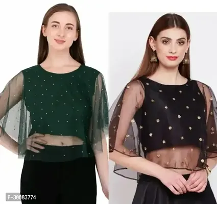 Elegant Black Net Embellished Top For Women Pack of 2