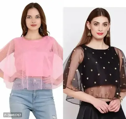 Elegant Multicoloured Net Embellished Top For Women Pack of 2