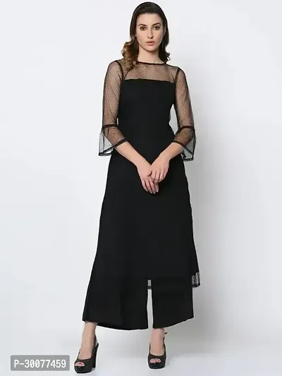 Straight Black Solid Net Kurta-thumb0