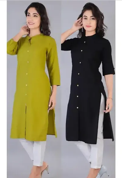 Stylish Cotton Straight Solid Kurti - Pack Of 2