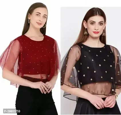 Elegant Multicoloured Net Embellished Top For Women Pack of 2-thumb0