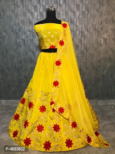 Women's Beautiful Yellow Embroidered Semi Stitched Silk Lehenga Choli with Dupatta