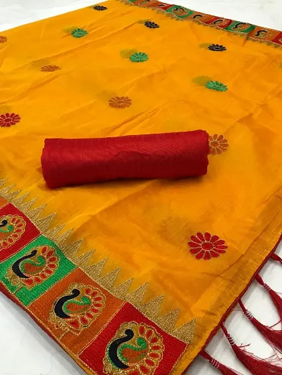 Beautiful Cotton Blend Saree With Blouse Piece